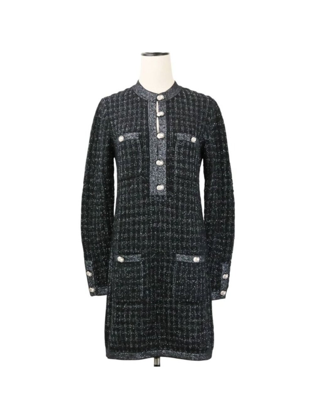 Chanel CC Logo Pearl Button Glitter Tweed Alpaca Knit Long Sleeve Mini Dress 34